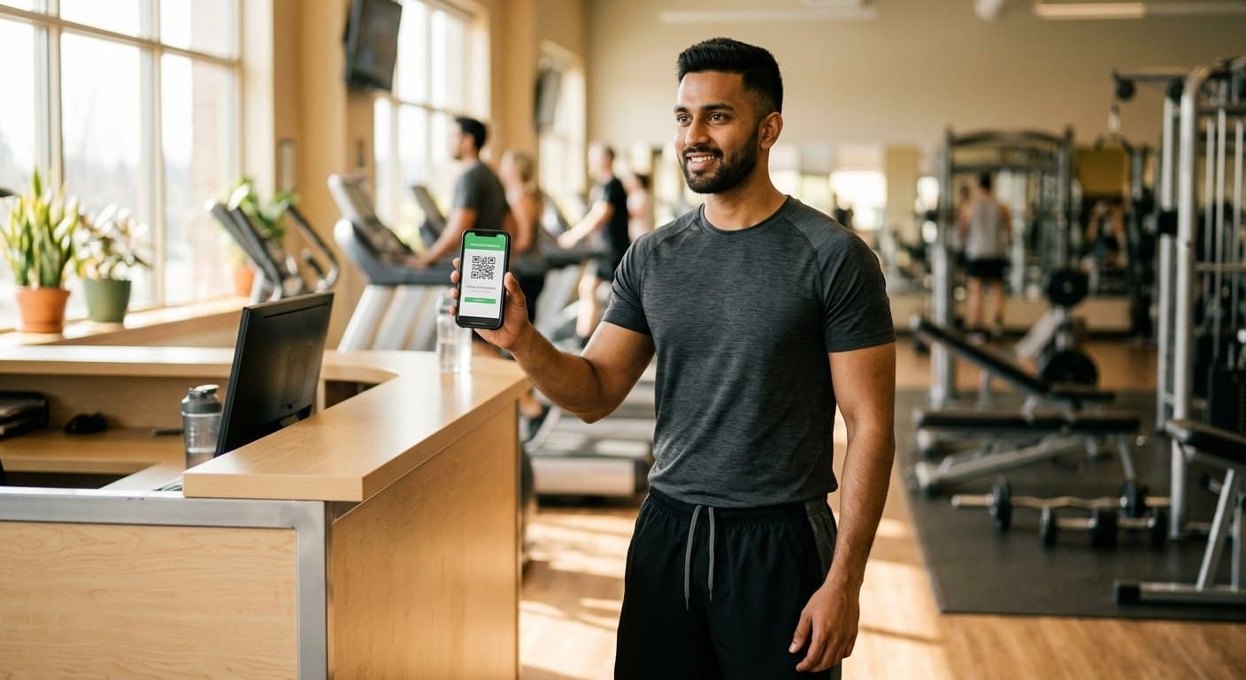 Member checking into a gym with a QR code on their phone